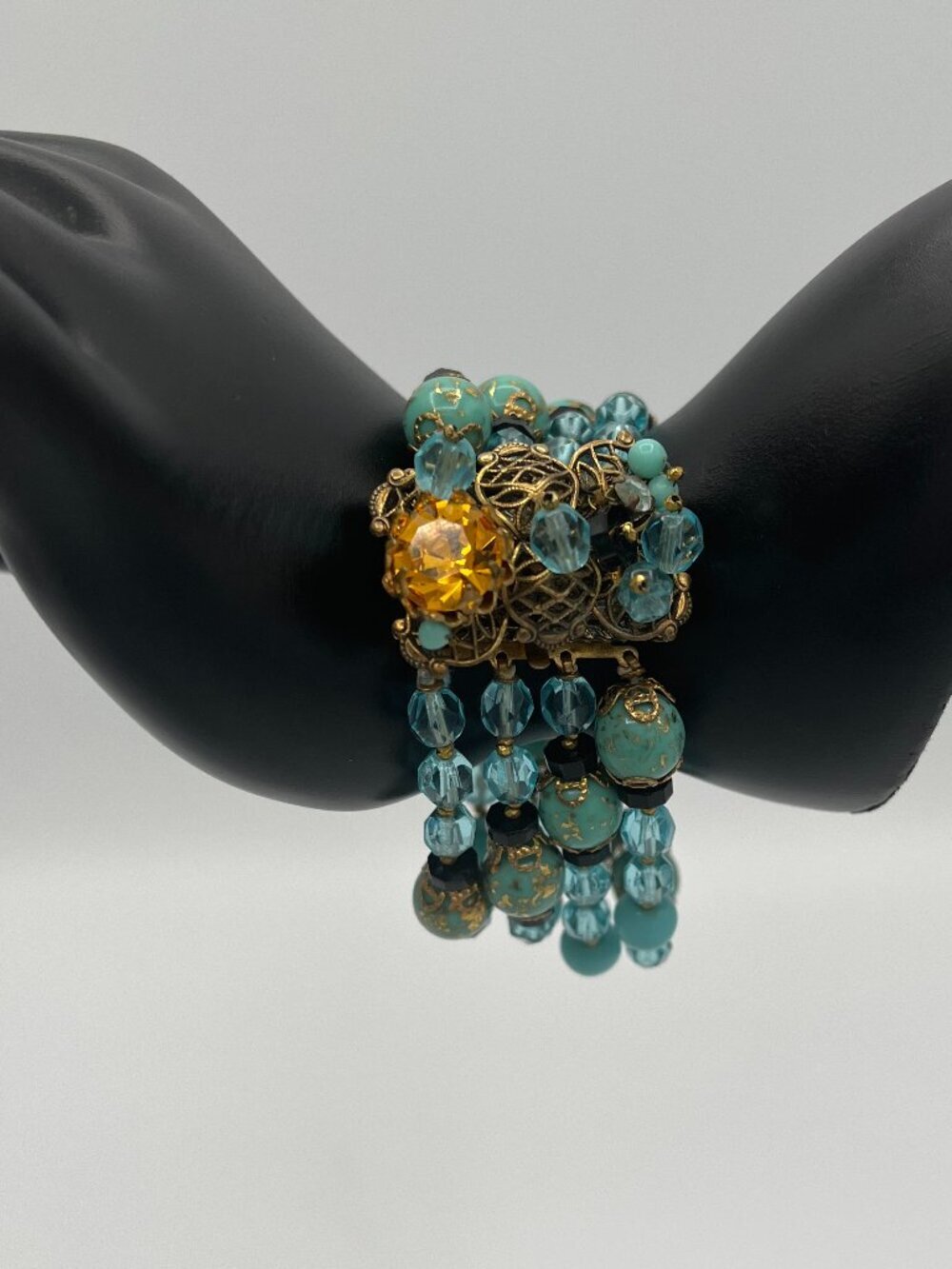 Unsigned Miriam Haskell Robin's Egg Blue Four-Strand Bracelet & Filigree Earring - Picture 2 of 13